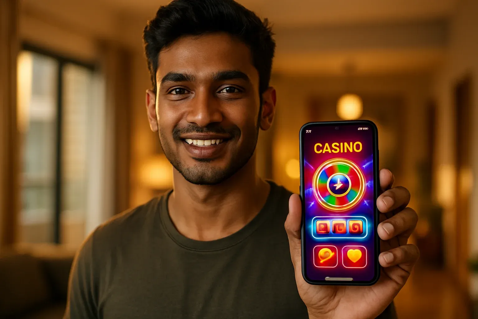 Young Bangladeshi man holding smartphone showing colorful casino app interface