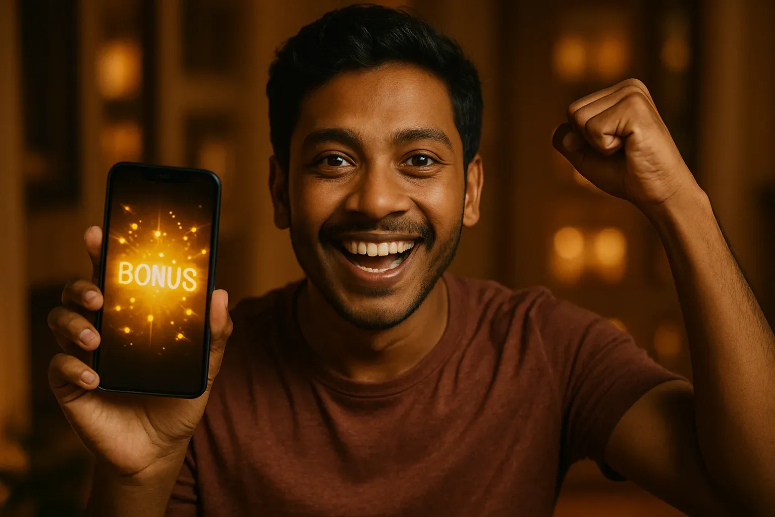 Joyful Bangladeshi man holding smartphone with glowing bonus notification screen
