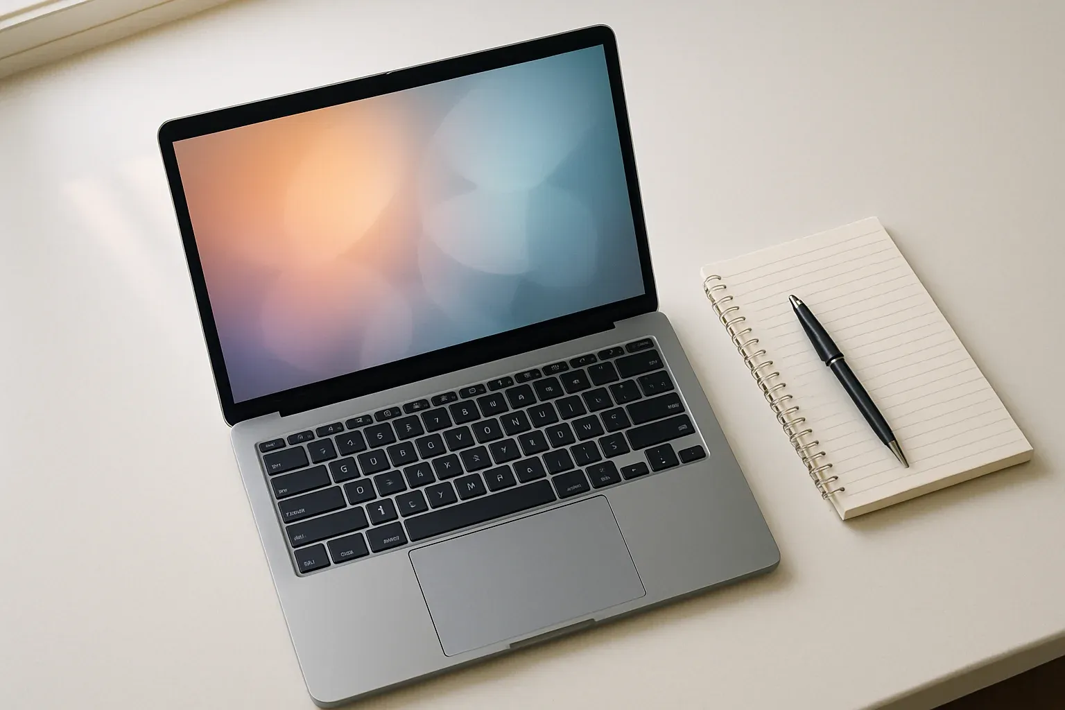 Modern laptop on white desk with pen and notepad in daylight