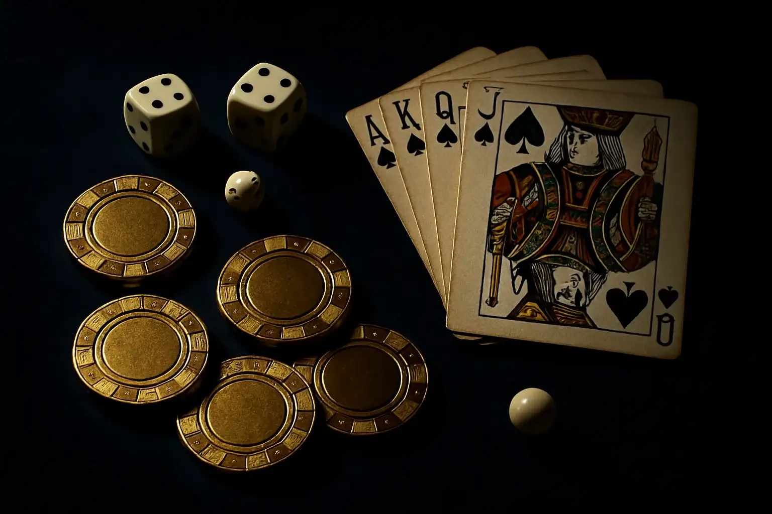 Golden casino chips, cards, dice, and roulette ball on dark velvet