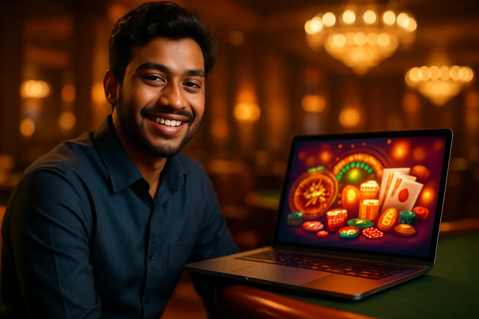 Cheerful Bangladeshi man with open laptop at premium casino lounge