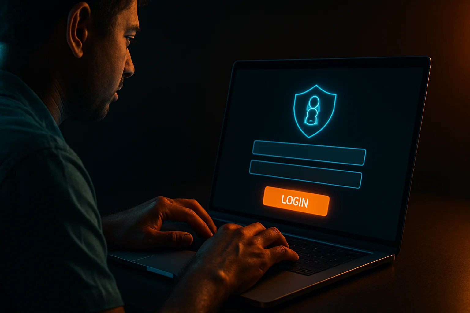 Bangladeshi man's hands on laptop showing stylized login form screen