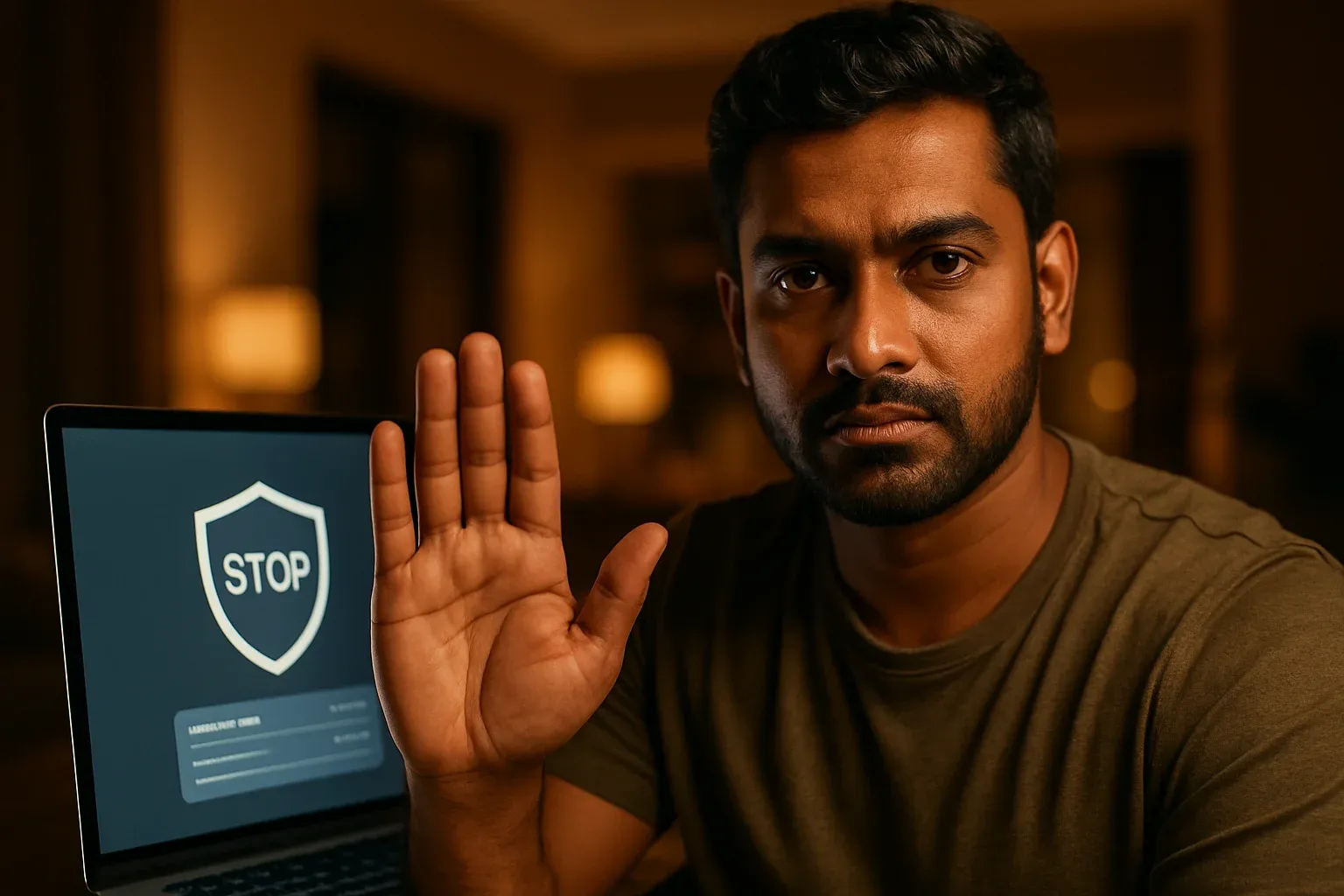 Bangladeshi man shows stop gesture beside laptop with responsible gambling controls