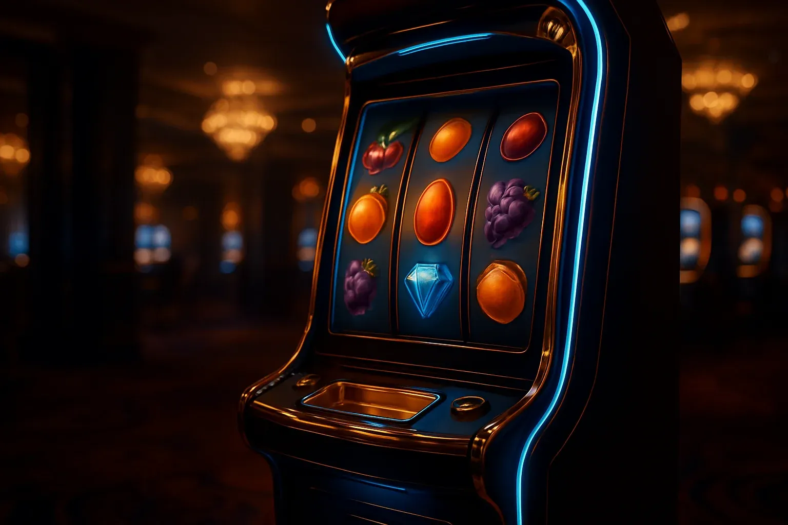 Hyperrealistic premium slot machine with glowing reels in dark luxury casino